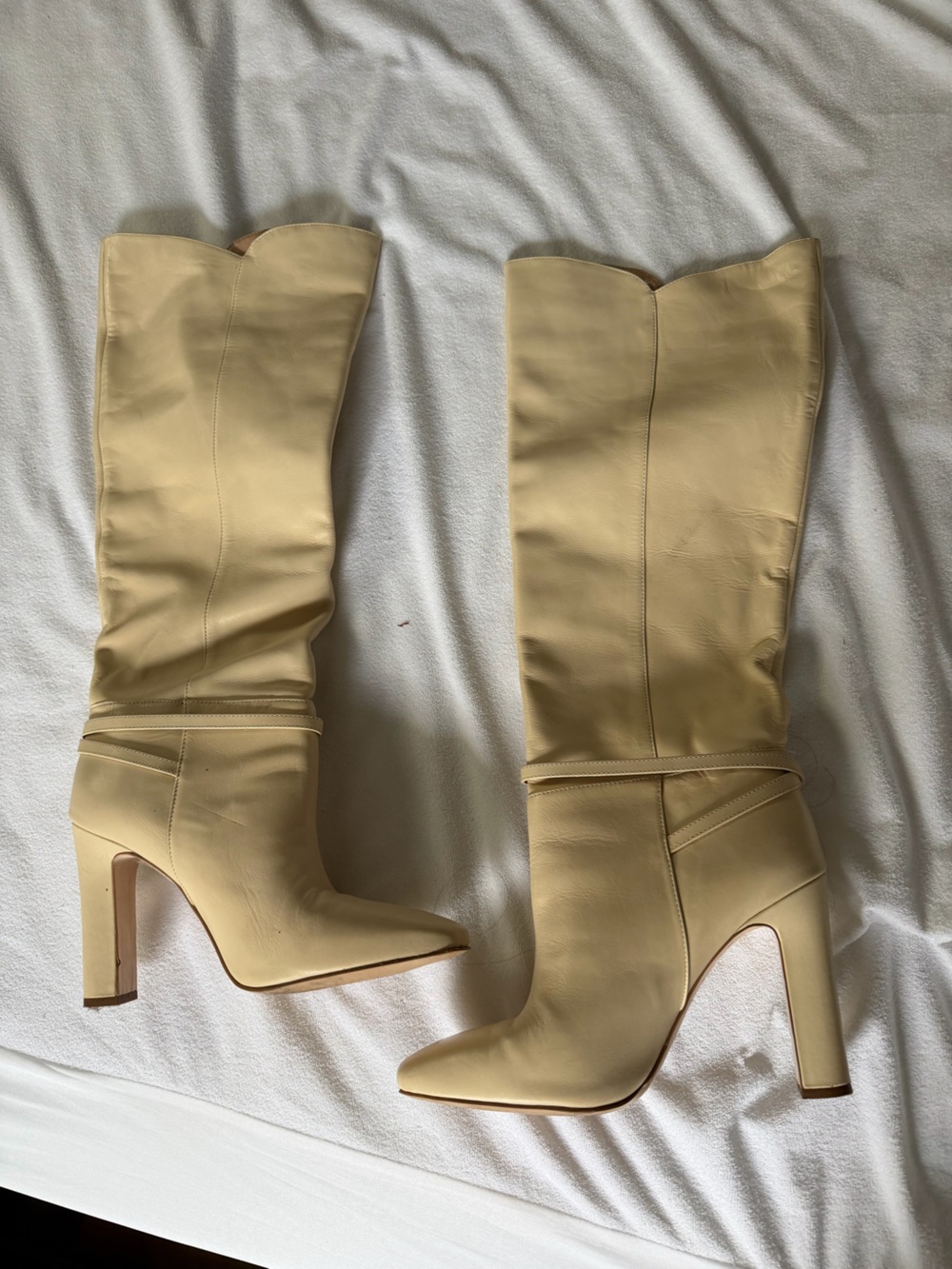House of Harlow 1960 Tall Pointed-Toe High Heel Boots in Beige leather